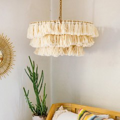 Hollywood Regency-style bohemian pendant light design, Instagram bedroom romantic Nordic-style pink bedroom tassel woven lamp