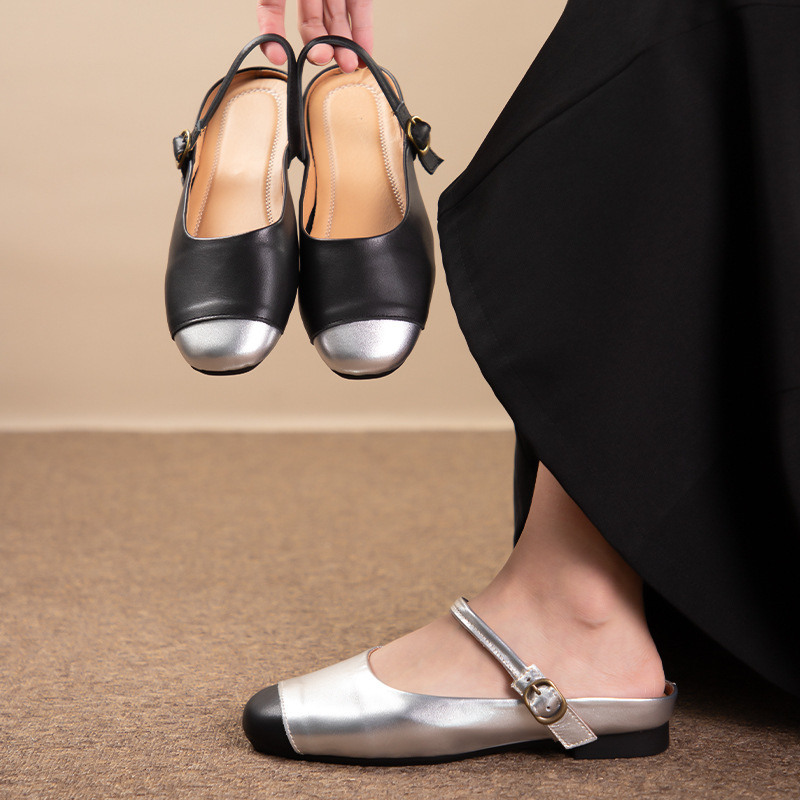 Chanel Style Genuine Leather Hanging Half Slippers Women's Fashionable Elegant Slip-on Ballet Shoes with silver Stitching Single-layer Shoes