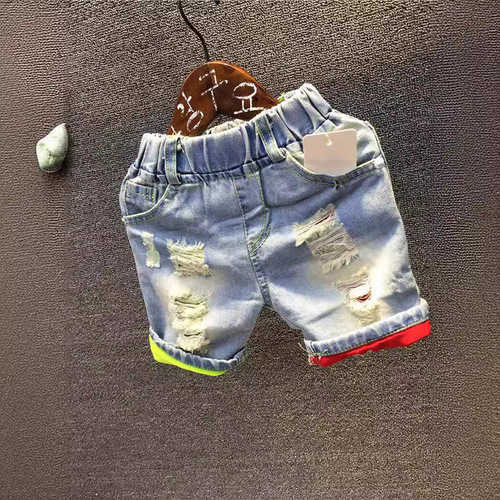 Summer New Arrival Boys' Short Pants Personality Hole Open Light Wash Blue Denim Shorts Colorful Pants Ankle Baby Casual Shorts