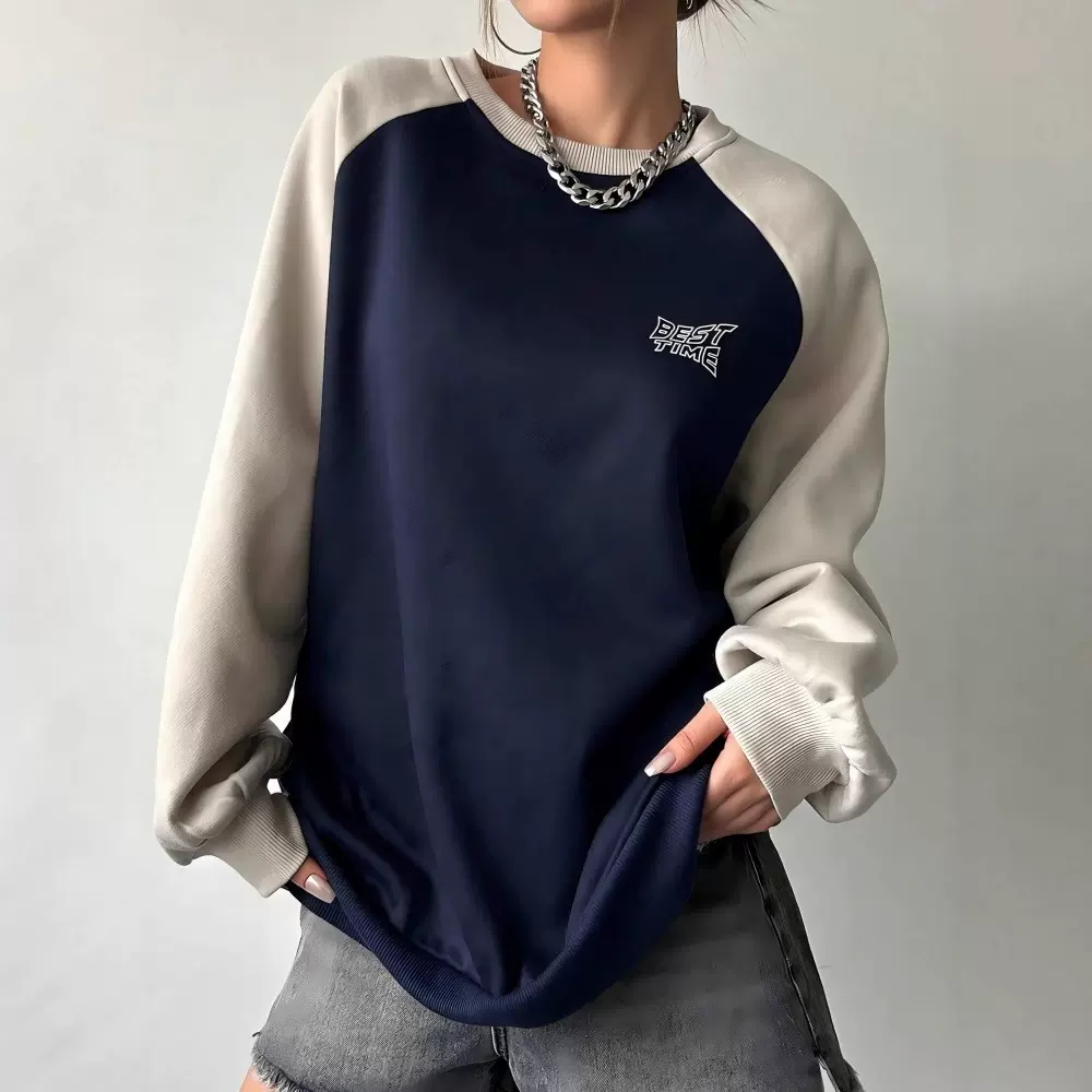 情侣套头卫衣插肩袖圆领卫衣女秋冬加绒加厚无帽宽松保暖长袖上衣
