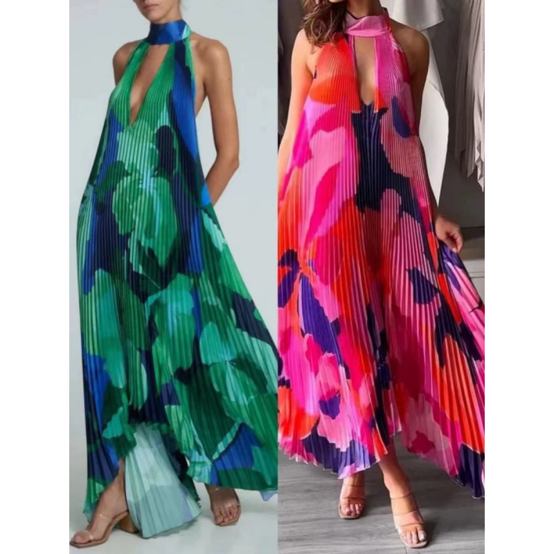2025 new in stock Amazon independent station hanging neck backless pleated long hem irregular dress