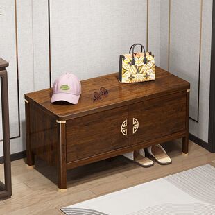 New Chinese-Style Shoe-Changing Bench for Home Entrance, Integrated Shoe Cabinet and Seating, Solid Wood Frame Entryway Bench