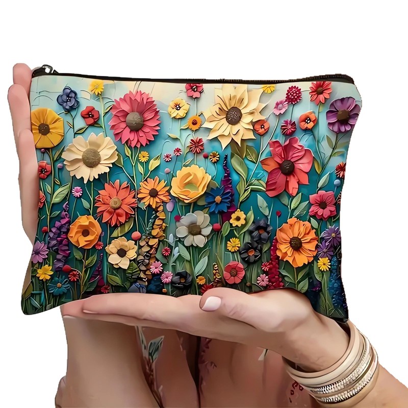 アマゾン越境販売 ポリエステル麻混紡 2Dデジタルプリント 刺繍風花柄キャンバス化粧ポーチ 花柄装飾|undefined