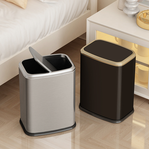 Hotel stainless steel swing lid kitchen trash bin home bathroom luxury dual bin 15L