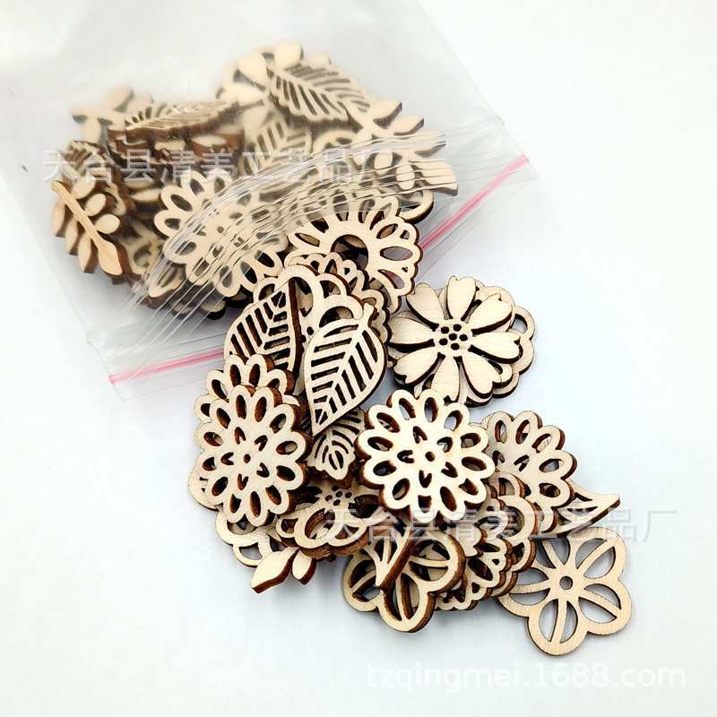Madera hueco flores/hojas mixtas madera chip láser talla graffiti pintura hecha a mano parche 50 unids/bolsa