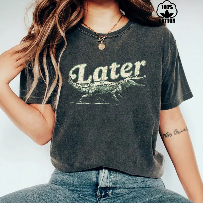 In-Stock European and American Style Round Neck T-Shirt, Fashionable Pure Cotton Washed Vintage Fun Crocodile Print Top, Women's Loose Short-Sleeve T-Shirt In-Stock European and American Style Round Neck T-Shirt, Fashionable Pure Cotton Washed Vintage Fun Crocodile Print Top, Women's Loose Short-Sleeve T-Shirt