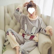 秋冬季加厚保暖法兰绒睡衣女冬长袖珊瑚绒可爱卡通女士家居服套装