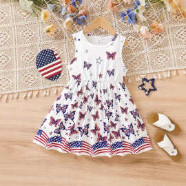 热销夏季新款跨境亚马逊独立站吊带背心裙女童蝴蝶美国国旗连衣裙