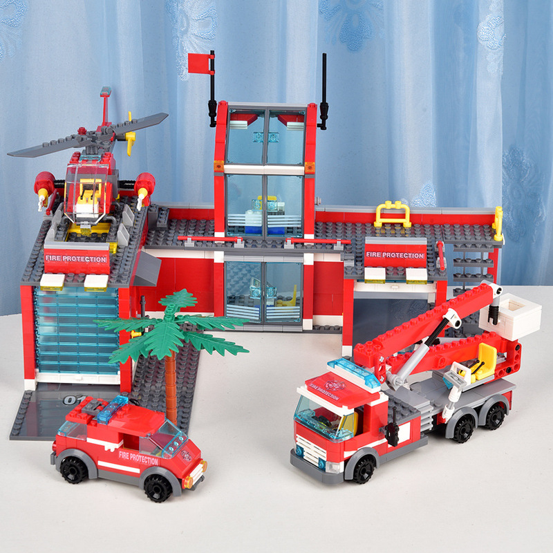 Cross-border Explosions Fire Station Model Assembled Building Blocks Toy Helicopter Fire Truck Compatible with Lego Color Bag 6007