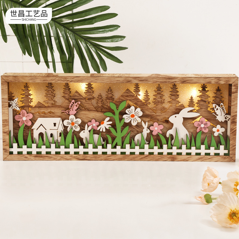 Cross-border Hot Selling Easter Wooden Decorative Light Color Rabbit Flowers Photo Frame Wooden Crafts Pendant Cross-border Hot Selling Easter Wooden Decorative Light Color Rabbit Flowers Photo Frame Wooden Crafts Pendant