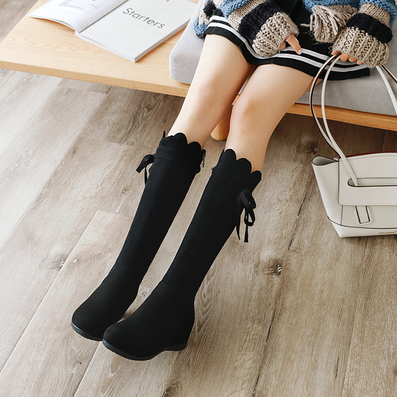 Cross-Border Foreign Trade Fashion Casual Women's Knee-High Boots with Hidden Heels, Spring and Autumn French-Style Suede Boots with Bowknot