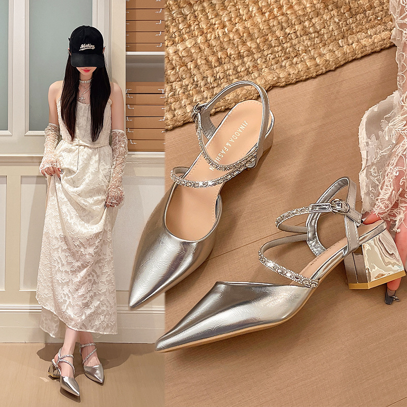 Crystal Diamond Chain Toe-Cap Sandals 2026 New Summer Style with Buckle Pointed Toe Sexy Stiletto High Heels for Women