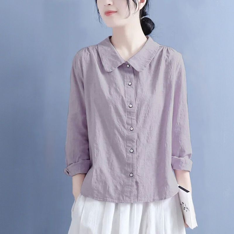 Cotton and Linen Shirt for Women, Spring and Autumn, Artistic Retro Doll Collar, Jacquard Casual Loose Long-Sleeved Chinese Style Top for Women