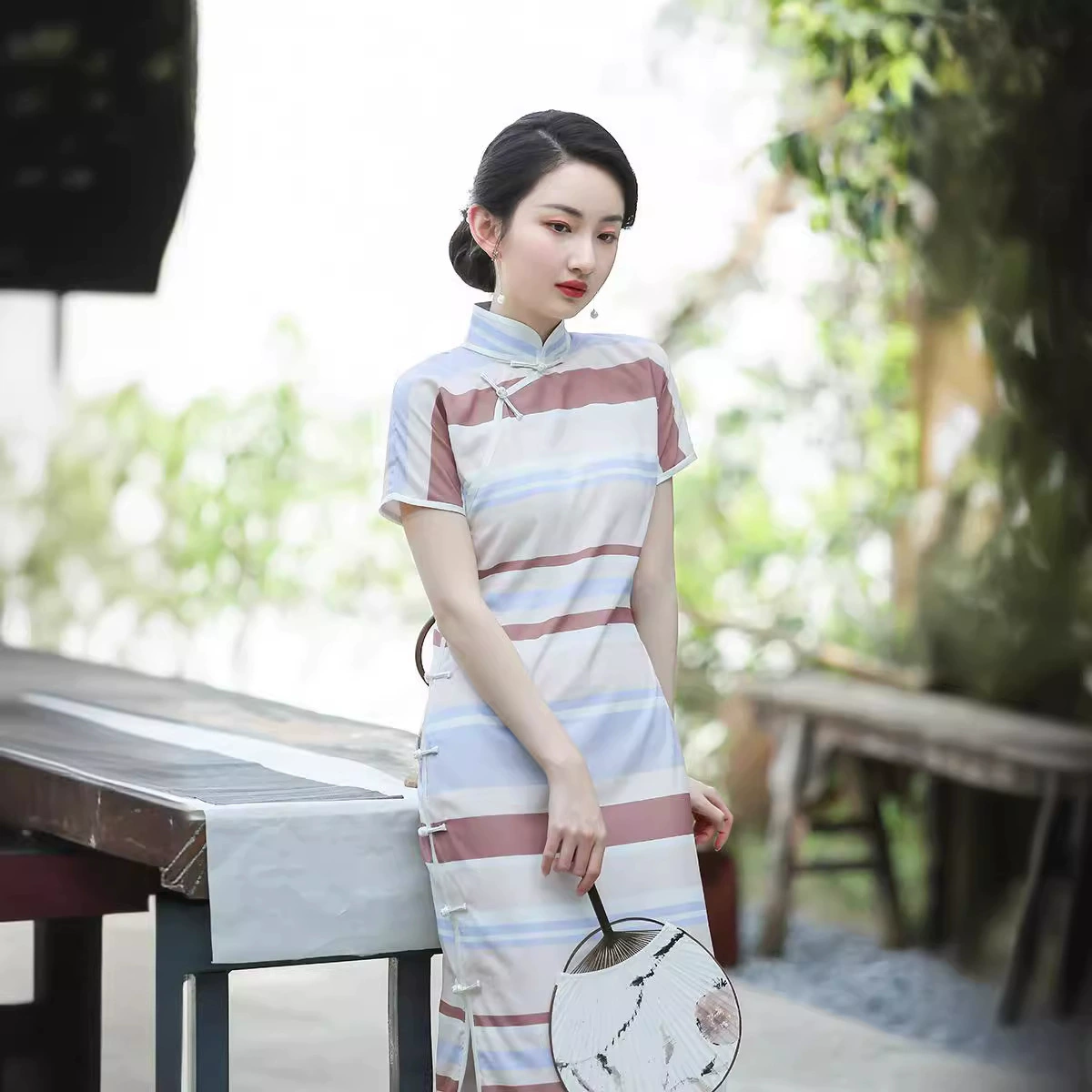 Платье-ципао Fang Moyu Wang Jiazhi в полоску, улучшенная модель, традиционное длинное платье-ципао с полностью распашной передней частью, повседневное женское платье в китайском стиле