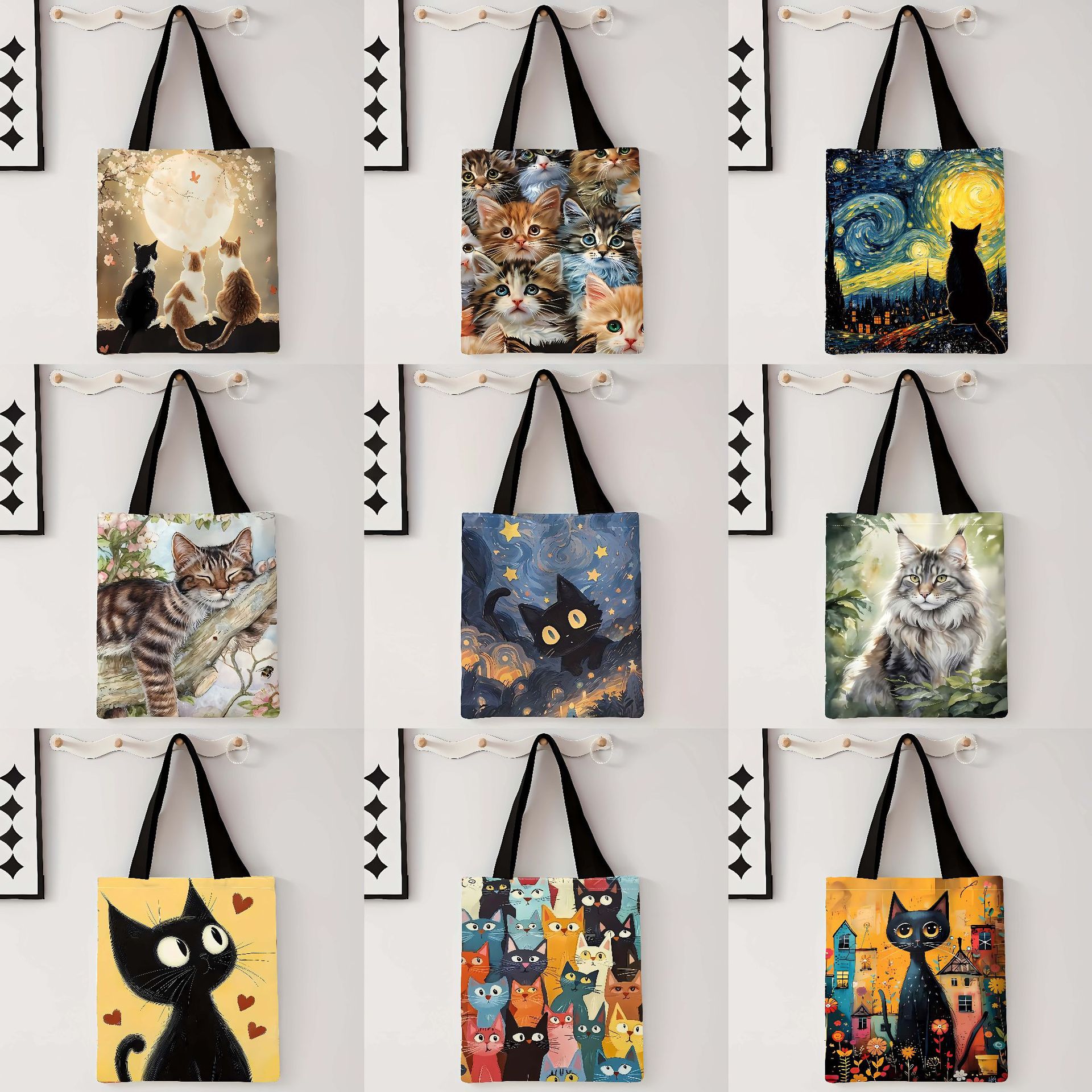 Explosiones transfronterizas adorables gatos bolsas de lona de impresión de gran capacidad para estudiantes de un solo hombro bolsas de lona al por mayor