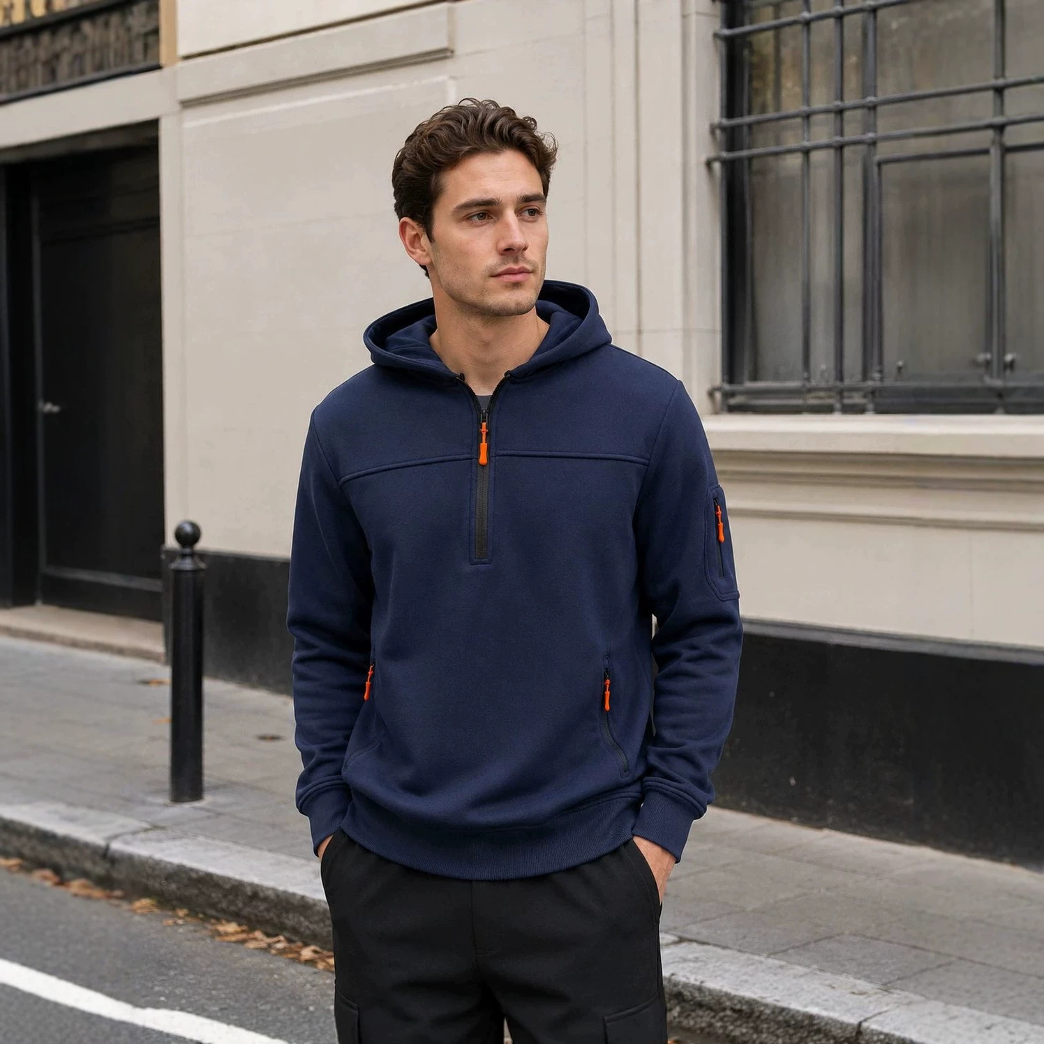 Cross-border autumn and winter men's sweatshirt, hooded sweatshirt with half-zip and multiple pockets, men's hooded sweatshirt with flowing straps, European size