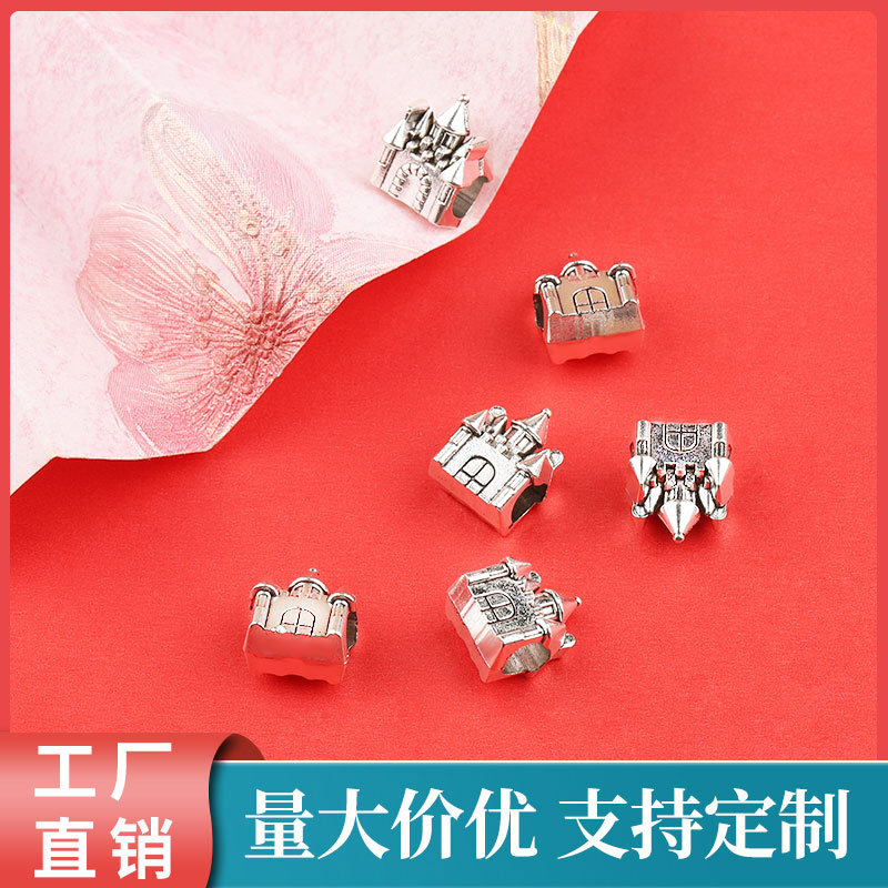 JG224复古藏银城堡大孔珠隔珠合金diy饰品配件手链项链吊坠