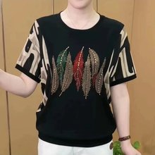 直播款 2024夏季新款妈妈装时尚洋气烫钻显瘦气质拼接短袖T恤上衣