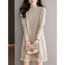 秋冬配大衣内搭打底新款蕾丝拼接针织连衣裙半高领中长款毛衣裙女