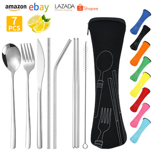 Cross-Border Stainless Steel Knife, Fork, Spoon and Straw Portable Set Outdoor Camping Portable Storage Bag 7-Piece Set of Western Tableware