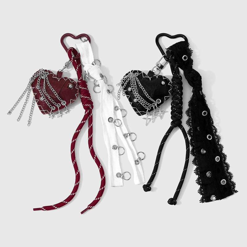 Dark Gothic Style Personalized Trendy Rivet Heart Cross Lace Trim Braided Rope Keychain Bag Pendant Dark Gothic Style Personalized Trendy Rivet Heart Cross Lace Trim Braided Rope Keychain Bag Pendant