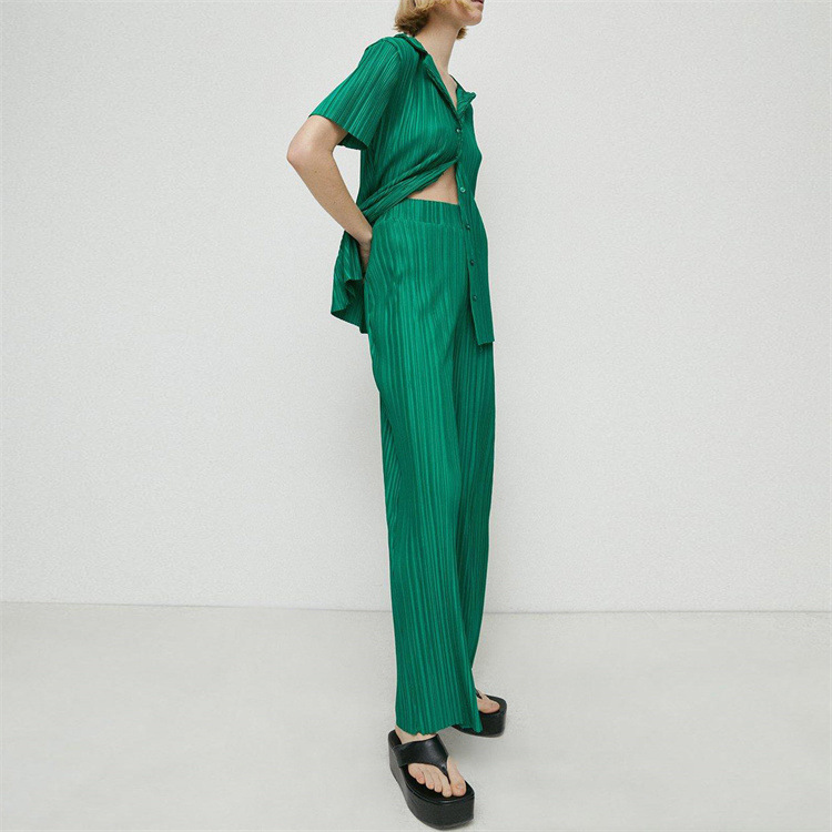 Summer Short Sleeve Loose Pleated Straight Leg Pants Two-Piece Set Sexy Complex Set Collar Sexy Set