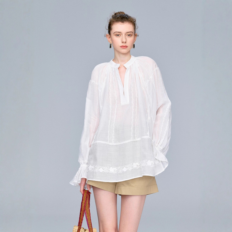 Nanyou Women's Clothing 2026 Long Sleeve French Style Loose Shirt V-Neck White Shirt with French Embroidery White Shirt Nanyou Women's Clothing 2026 Long Sleeve French Style Loose Shirt V-Neck White Shirt with French Embroidery White Shirt