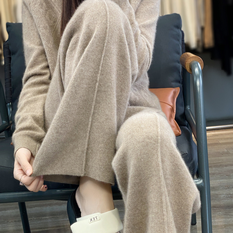纯羊毛针织裤女阔腿裤秋冬加厚休闲长裤高腰外穿直筒裤子|undefined
