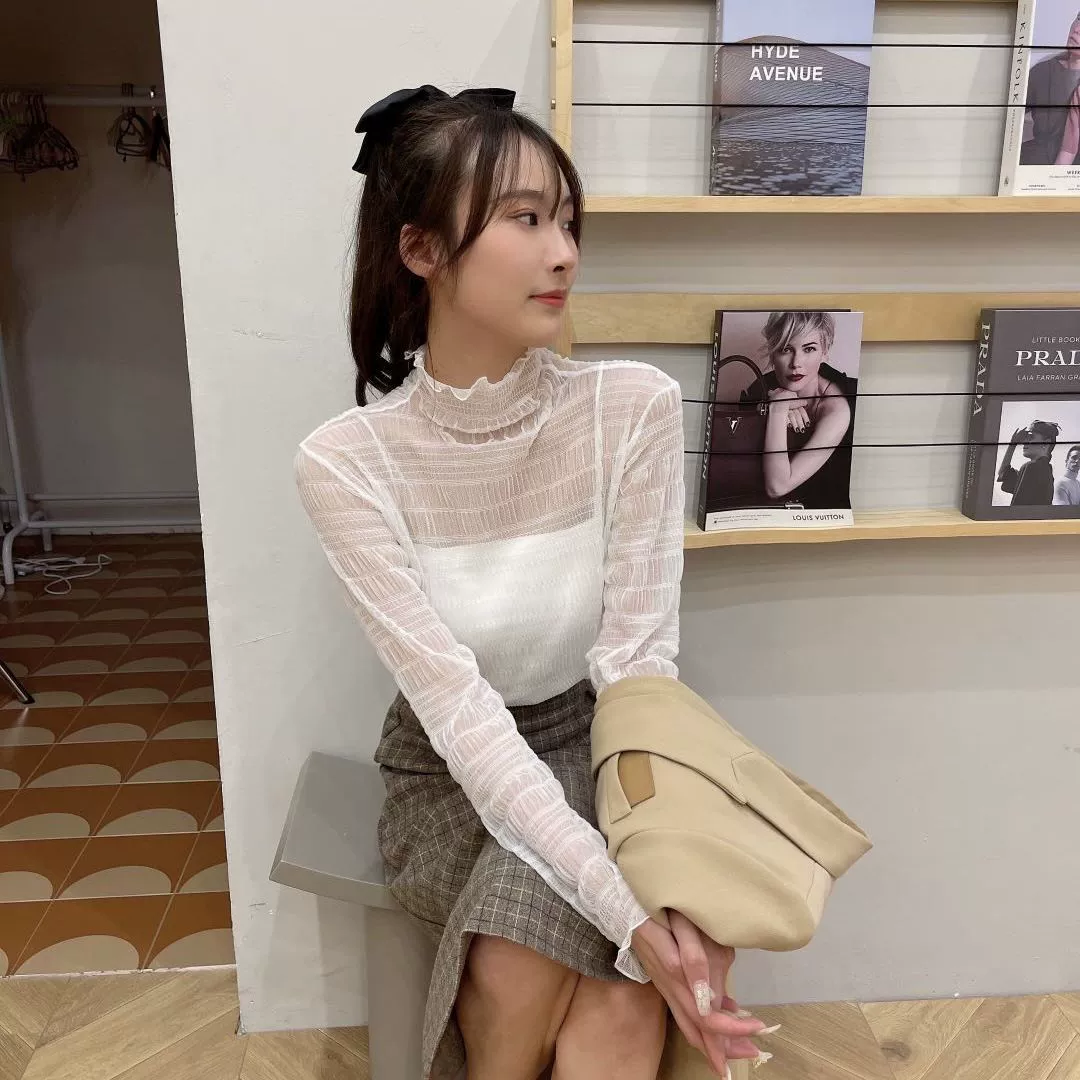 Новая облегающая Базовая кружевная сетчатая рубашка с воротником-плиссировкой, с воротом до локтя, Женская осенне-зимняя элегантная внутренняя часть с длинными рукавами