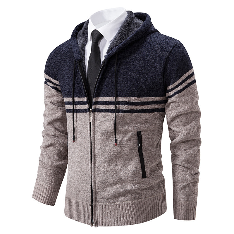 Herren Herbst und Winter neue farblich passende Strickjacke Mode Kapuzenjacke Pullover Herrenjacke_voghion.com