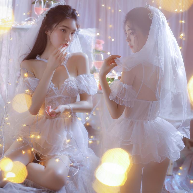화이트 신부 (멜빵 + 완장 + T 바지가있는 베일 + 스커트