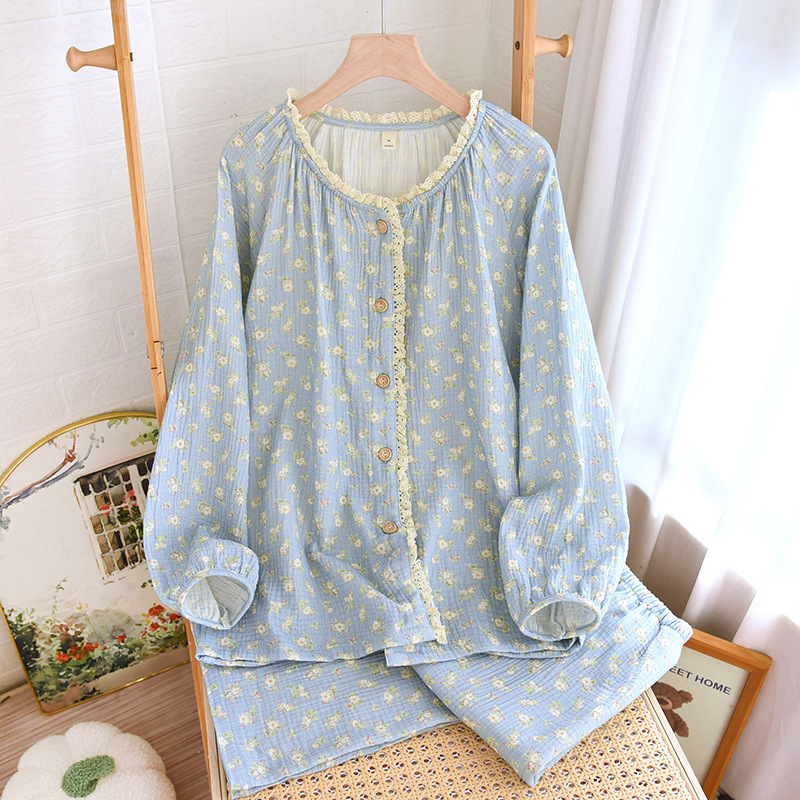Spring and Autumn Cotton Gentle Blue Floral Crewneck Pajamas Women Sweet Long Sleeve Trousers Home Clothes suit Wholesale
