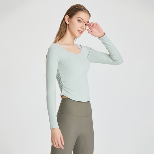 Women's European and American Cross-border Folded Nudie Yoga Top Quick-Drying Fitness Top High-Elastic Tight Sports Long Sleeve