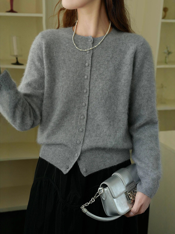 羊绒羊毛圆领开衫拉绒拉毛女秋冬简约舒适气质百搭外套文艺风|undefined