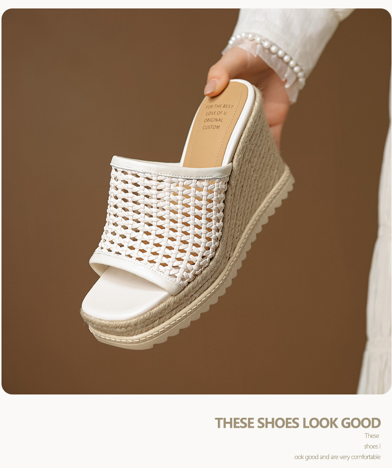 Sandal cao gót nữ mũi vuông đế rơm gót 10 cm — màu đen, màu trắng chi tiết 7
