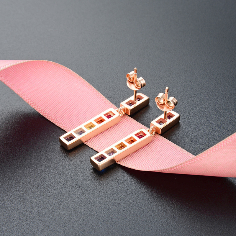 Japonés y estilo coreano moda ol sola fila diamante ZIRCON pendientes s925 plata esterlina con incrustaciones de diamantes de color rosa pendientes de oro joyería del oído femenino