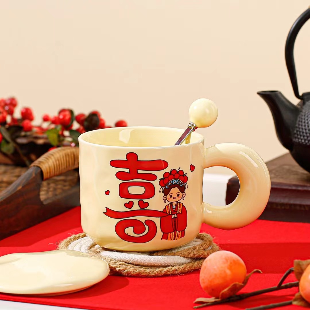 Regalo DE BODA chino taza doble Taza de cerámica pareja de alto aspecto festivo taza de bebida personalizada taza de café Linda