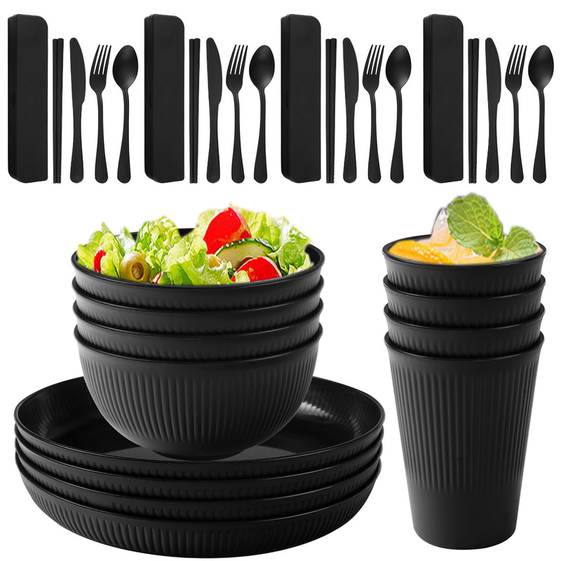 Cross-border Wheat Straw Plate Household Bowl Drinking Cup Dish Soup Bowl Black Plate Dishes suit Tableware Cup Wholesale