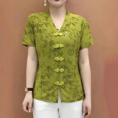 夏の新しい中国風の母親の服、年齢を減らし、スリムで多用途なトップス、レトロなボタン付きの薄いアイスシルクの女性用半袖Tシャツ