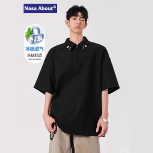 NASA夏季半拉链polo衫2025新款金属扣短袖男士cleanfits宽松T恤衫-阿里巴巴