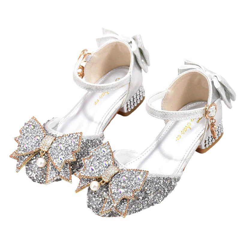 Туфли для девочек-принцесс 2025 Новые туфли для маленьких девочек на подиум Кристальные туфли Детские кожаные туфли Высокие каблуки для сцены
