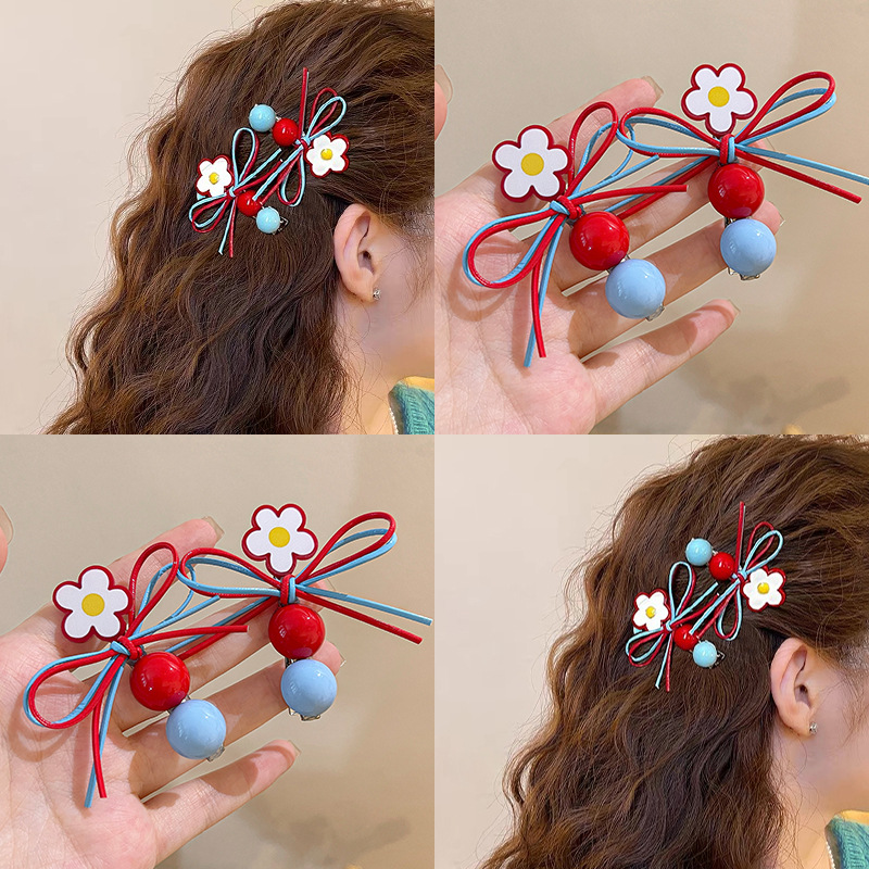 韩系红蓝撞色蝴蝶结花朵发夹女侧边刘海一字夹甜美碎发鸭嘴夹发卡