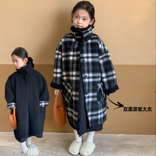 Girls Plaid Double-Sided Woolen Outwear 2024 Winter New Kidsren's Clothing Kidsren's Warm Long Outwear Baby Clothes
