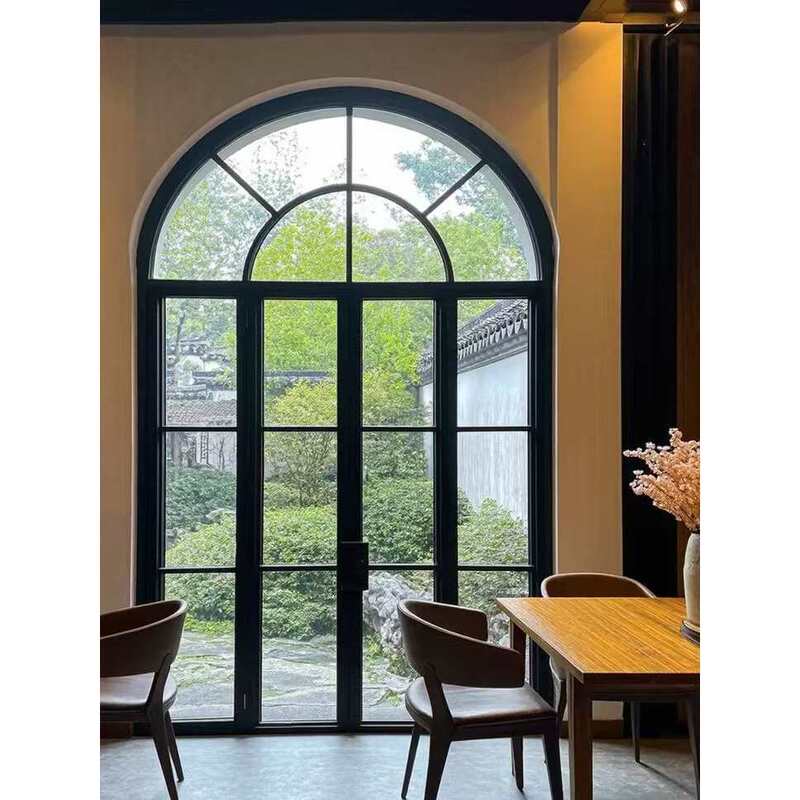 French-Style Vintage Glass Door for Villa, Extremely Narrow Lattice Double Door, Wrought Iron Old Steel Door, Arched Double Door