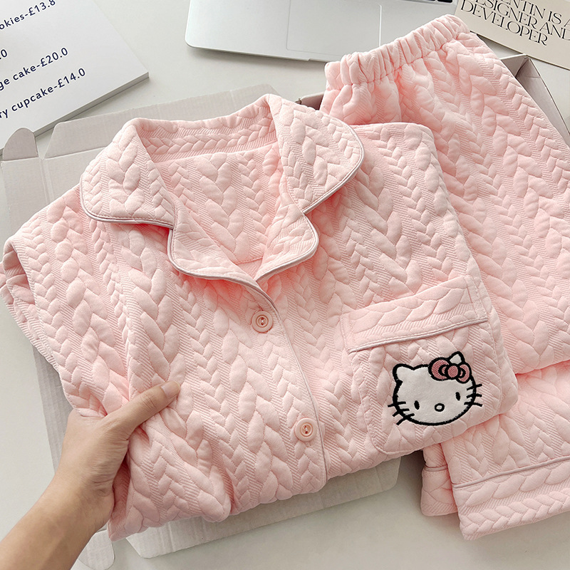 (2개) 고급 핑크 키티 고양이 잠옷 여성의 가을과 겨울 두꺼운 공기 면 긴팔 바지 귀여운 홈 옷