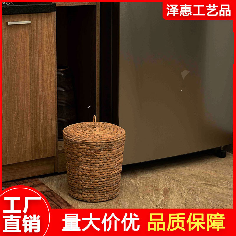 Large Garbage Basket with Lid Clothes Hot Pot Shop Clothes Storage Basket Woven Basket with Lid Garbage Bin Woven Storage Basket