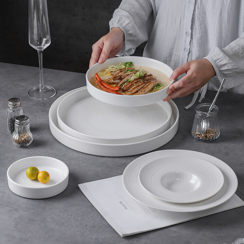 Casual Ceramic Line Pattern Western Food Plate, Flat Plate, Soup Plate, Salad Plate, Straw Hat Plate, Household Dish Plate, High-End Tableware Casual Ceramic Line Pattern Western Food Plate, Flat Plate, Soup Plate, Salad Plate, Straw Hat Plate, Household Dish Plate, High-End Tableware