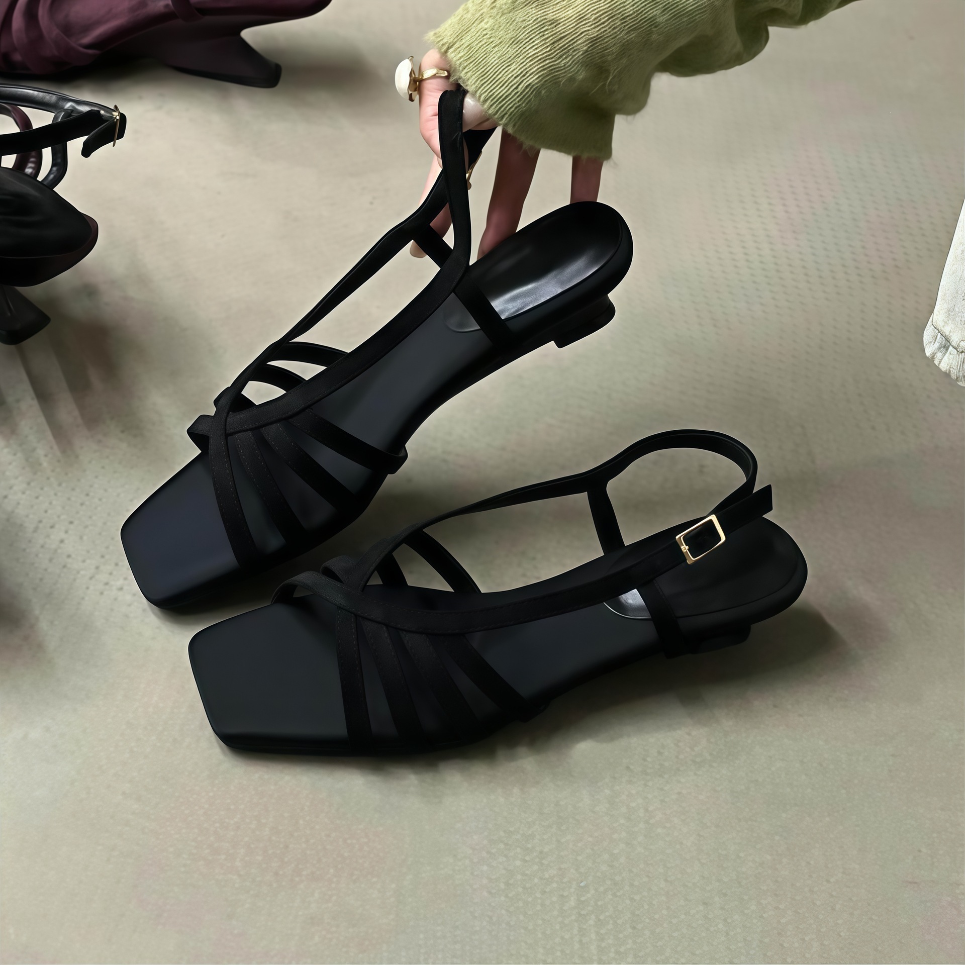 Sandalias de Cuña para Mujer de Superfibra y Caucho, Punta Cuadrada, Cierre de Hebilla, para Verano