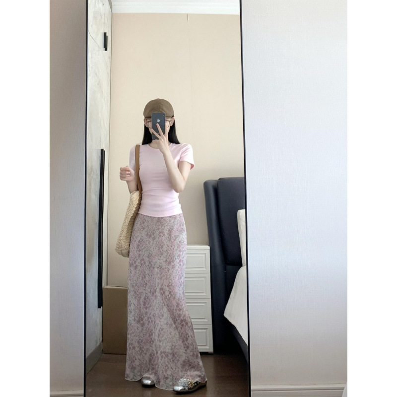 三标齐全 天猫品质 五线打边 粉色碎花半身裙女高腰中长款鱼尾裙|undefined