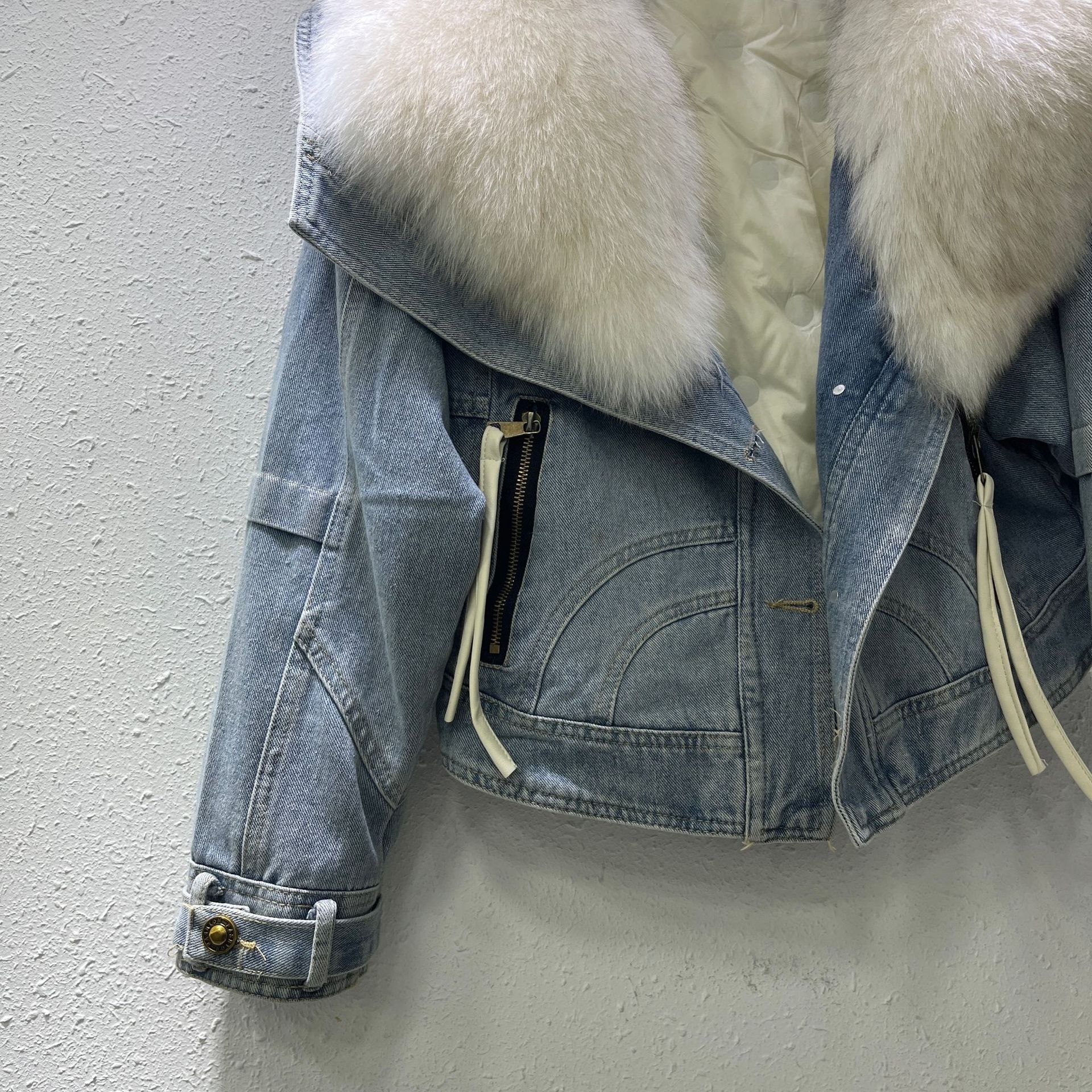 Luxury Fox Fur Collar Thickened Warm Down Jacket With Denim & Faux Leather Trim - Stylish Winter Coat For Women_voghion.com